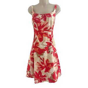 R&K Red Coral Floral Print Cotton‎ Fit & Flare Sundress Size 14 Summer Wedding